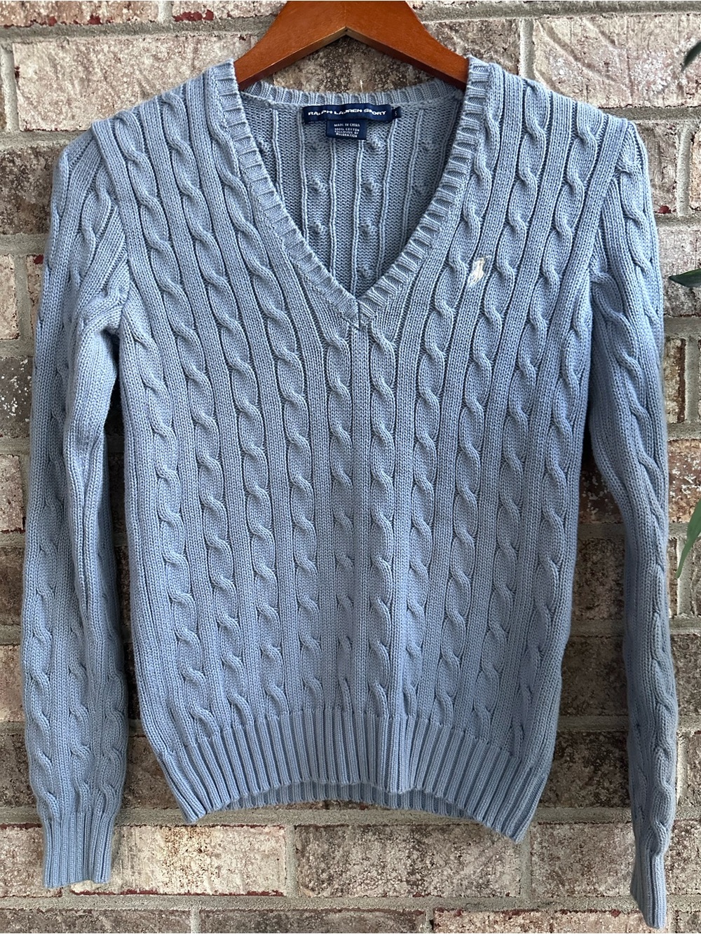 Ralph Lauren Sport Grayish Blue Cable-Knit V-Neck Sweater Small
